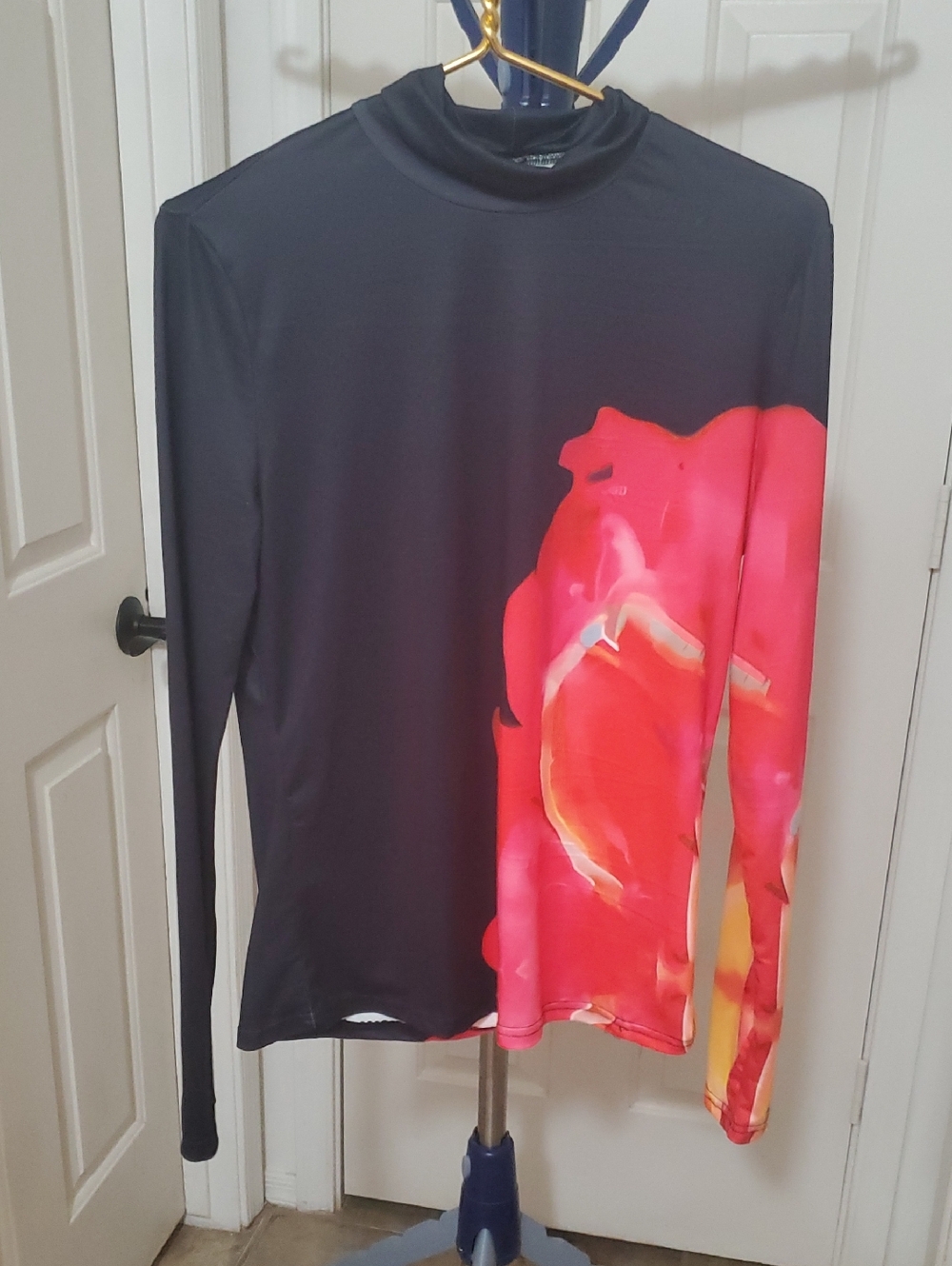 Black Long-Sleeve Top with Pink Floral Side Print